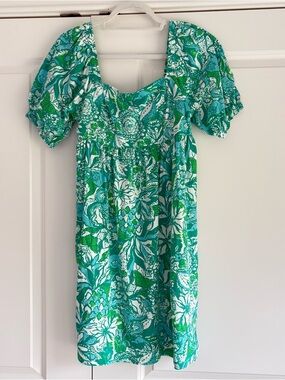 Lilly Pulitzer Green & White Floral Puff-Sleeve Dress